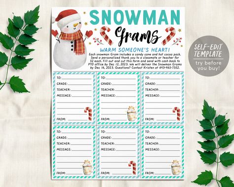 Winter Grams For School, Christmas Grams, Fundraiser Flyer, Editable Template, Christmas Snowman, Christmas Printables, Kids Christmas, Candy Cane, Online Printing