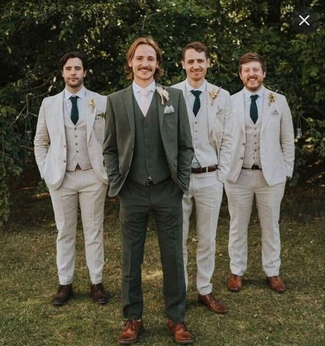 Groom And Groomsmen Attire Khaki, Green Suit For Men Wedding, Mens Desert Wedding Attire, Beige And Green Groomsmen Suits, Sage Groomsmen Suits, Groomsmen Attire Olive Green, Green Bridal Party Groomsmen, Olive Green Suit Men Wedding, Green And Tan Wedding Party