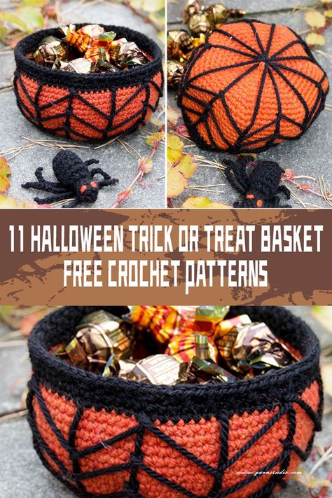 These crochet baskets are not only practical for collecting sweets but also serve as charming accessories to complete the perfect Halloween ensemble #freecrochetpatterns Trick Or Treat Basket, Crocheted Halloween, Crochet Halloween Patterns, Quick Crochet Gifts, Crochet Decorations, Dulces Halloween, Treat Basket, Crocheted Things, Basket Crochet