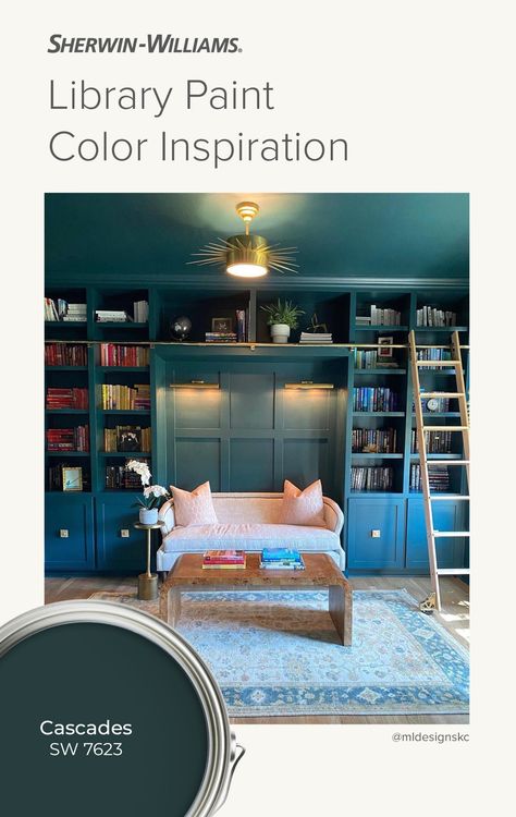 Sherwin Williams Cascades Vs Dark Night, Monochromatic Library, Modern Manor, Library At Home, Dark Office, Green Shelves, Color Library, Monochromatic Room, Room Revamp