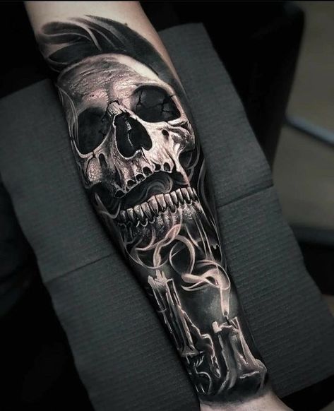 Skull Sleeve Tattoos For Guys, Realistic Skull Tattoo Design, Different Layered Haircuts, Realistic Skull Tattoo, Arm Tattoo Men, Forearm Cover Up Tattoos, Tatuaje Trash Polka, Cover Up Tattoos For Men, Realistic Skull