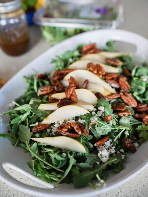 Simple Fall Pear Salad - The House of Hood Blog Simple Balsamic Vinaigrette, Candied Pecans For Salad, Pear Salad Recipes, The Perfect Salad, Perfect Salad, Sliced Pears, Easy Autumn Recipes, Spiced Pecans, Pear Salad