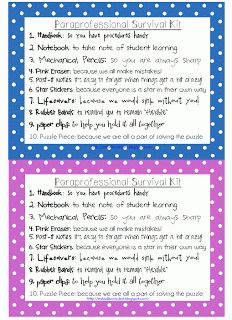 Paraprofessional Survival Kit.  Good for new staff, or beginning of the year (or any time, really). Camping Survival Kit, Paraprofessional Appreciation, Special Education Paraprofessional, Paraprofessional Gifts, Survival Kit Gifts, Survival Kits, Good Ideas, Diy Teacher Gifts, Beginning Of School