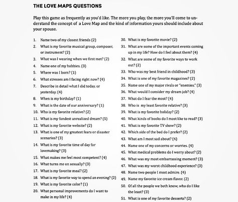 Gottman Love Map Questions, Gottman Love Maps, Love Maps Gottman, Gottman Worksheets Love Map, Love Mapping, Love Map Questions, Couples Therapy Questions, Relationship Evaluation, Couples Worksheets