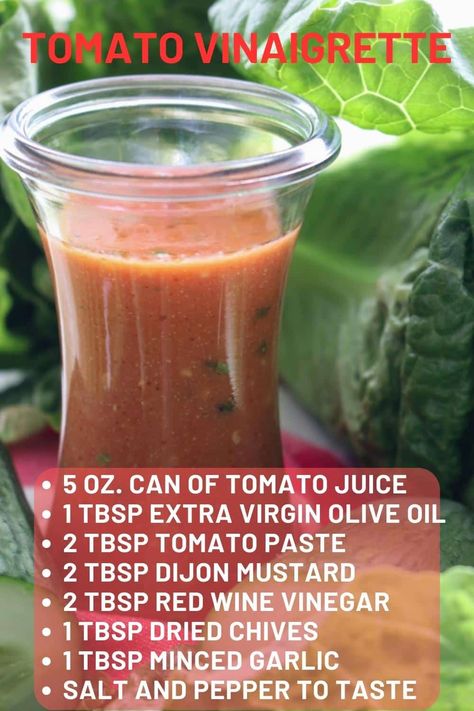 Do you need a flavorful dressing to take your salad to the next level? With just a few ingredients, you can make a simple tomato vinaigrette that's sure to add an extra zing to any dish. This tried-and-true recipe takes less than five minutes to prepare, yet is packed with a delectable mix of tangy, acidic, and slightly sweet flavors. Homemade Salad Dressing Vinaigrette, Vinegrette Dressing, Tomato Salad Dressing, Canned Tomato Juice, Tomato Vinaigrette, Vinaigrette Salad, Salad Dressing Recipes Homemade, Homemade Salads, Vinaigrette Dressing