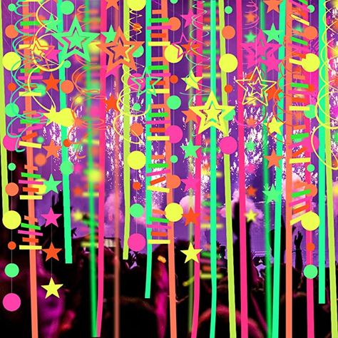 Light Decorations For Wedding, Neon Streamers, Diy Neon Party, Black Light Decorations, Birthday Glow Party, Glow Party Decorations, Neon Lights Party, Dot Garland, Glow Dance