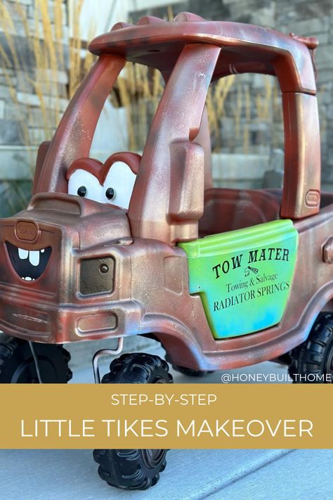 How to makeover your Little Tikes Cozy Coupe truck into Tow Mater. Step-by-step simple DIY project. Playhouse Makeover For Boys, Cozy Coupe Truck, Little Tikes Playhouse Makeover, Little Tikes Makeover, Car Makeover, Cozy Coupe Makeover, Cozy Car, Tow Mater, Play Area Backyard