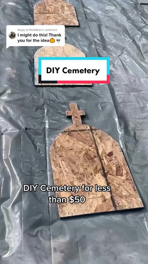 Headstone Diy Halloween Tombstones, Diy Headstones Halloween Foam, Grave Stones Ideas Halloween Diy, Home Made Tombstones For Halloween, Plywood Headstones Halloween, How To Make Headstones For Halloween, Halloween Head Stones, Halloween Headstone Diy, Wood Tombstone Diy