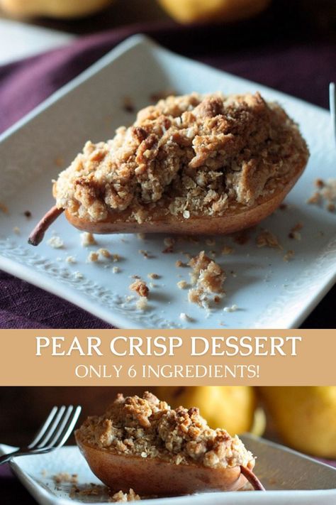 Individual pear crips made with halved fresh pears and oats. These old fashioned pear crisps are made with just 6 ingredients! They make for a healthy and fast dessert that's delicious for fall. Plus, it's a vegetarian friendly dessert idea! Simply combine the oat topping ingredients, half the pears, and bake for 20 minutes. Enjoy by itself or with ice cream! Serves great making it great for a crowd this holiday season. Pears are now in season! Visit USAPears.org for more pear recipe ideas. Pear Recipe, Healthy Fall Dinner, Crisp Desserts, Autumn Recipes Vegetarian, Pear Crisp, Pear Dessert, Fast Desserts, Baked Pears, Sliced Pears