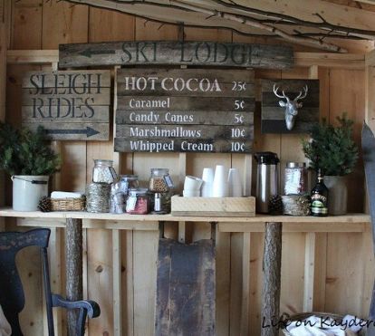 s 11 sheds to show your handy husband this summer, outdoor furniture, outdoor living, Their Backyard Hot Cocoa Bar Inside She Shed Ideas, Shed Makeover, Adirondack Style, Bar Shed, Shed Interior, Shed Ideas, Simple Projects, Funky Junk Interiors, Woman Cave