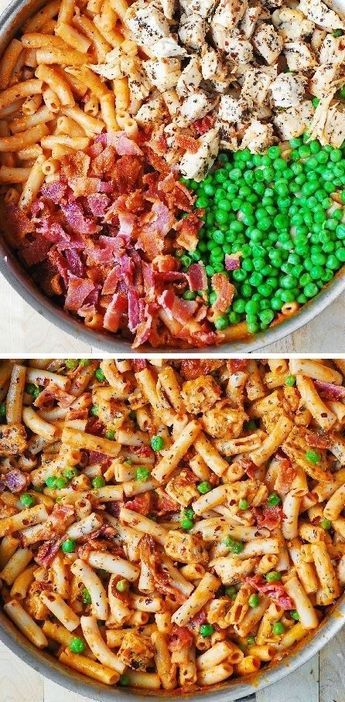 Spicy Chicken Pasta with Bacon and Peas #chicken #peas #pasta #penne #bacon #comfortfood #dinner #recipe Stovetop Dinners, Chicken Pasta With Bacon, Chicken Recipes Pasta, Peas Pasta, Spicy Chicken Pasta, Chicken Peas, Pasta Bacon, Pasta With Bacon, Pasta Penne