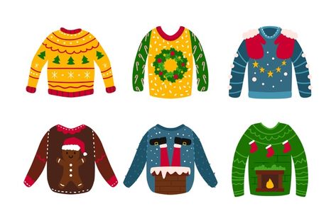 Ugly Sweater Drawing, Ugly Christmas Sweater Images, Sweater Drawing, Clothes Illustration, Hand Painted Card, Paint Cards, Christmas Classroom, Sweater Collection, Vector Hand