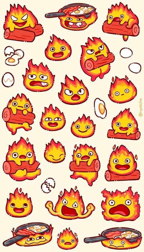 Cute Totoro Stickers, Miyazaki Art Studio Ghibli, Studio Ghibli Cute Drawings, Calcifer Doodle, Ghibli Stickers Aesthetic, Calsifer Howl Tattoo, Calcifer Dessin, Calcifer Aesthetic, Ghibli Art Draw