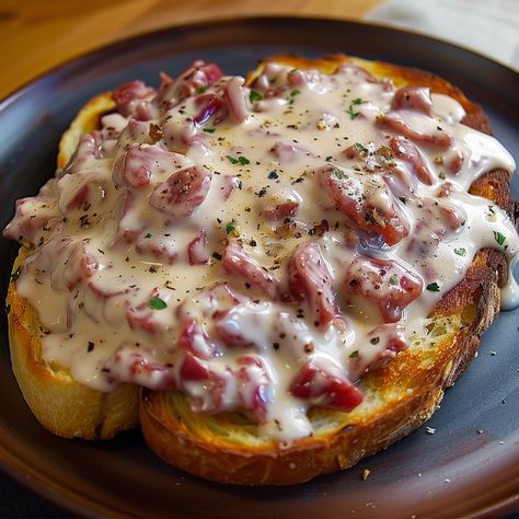 Homemade Creamed Chipped Beef on Toast Creamed Chipped Beef On Toast, Chipped Beef On Toast, Beef On Toast, Creamed Chipped Beef, Homemade Hot Fudge, Creamed Beef, Dried Beef, Comforting Dinner, Beef Steak Recipes