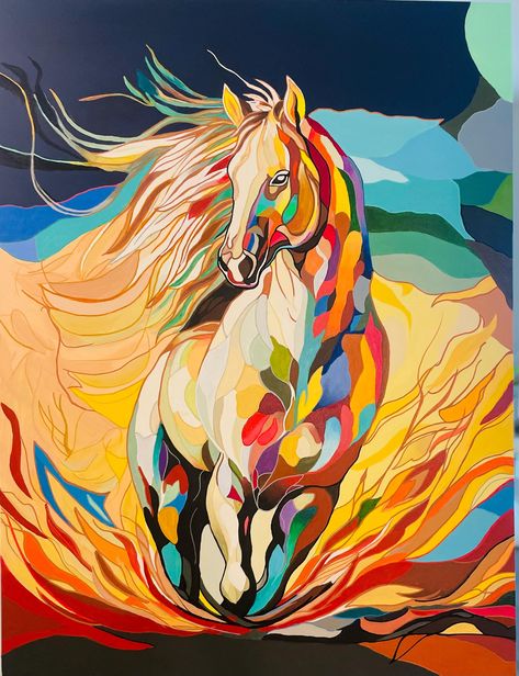 Majestic Gallop is a vibrant depiction of a horse rendered in a kaleidoscope of colors. The horse, shown in profile at the center of the composition, boasts a flowing mane portrayed with dynamic, sweeping strokes. Its body is adorned with abstract, multicolored shapes, infusing it with a lively and energetic presence. Dominated by shades of blue, green, red, yellow, and orange, the color palette conveys movement and vitality.  The background features similar abstract shapes and colors that harmonize with the vivid depiction of the horse. This integration creates a cohesive and dynamic composition. Majestic Gallop captures the essence of strength and freedom, presenting the spirit and beauty of the horse through an expressive and modern artistic approach. Dynamic Composition, Creatures Art, Majestic Horse, Fauvism, Mythical Creatures Art, Contemporary Wall Art, Horse Painting, The Horse, A Horse