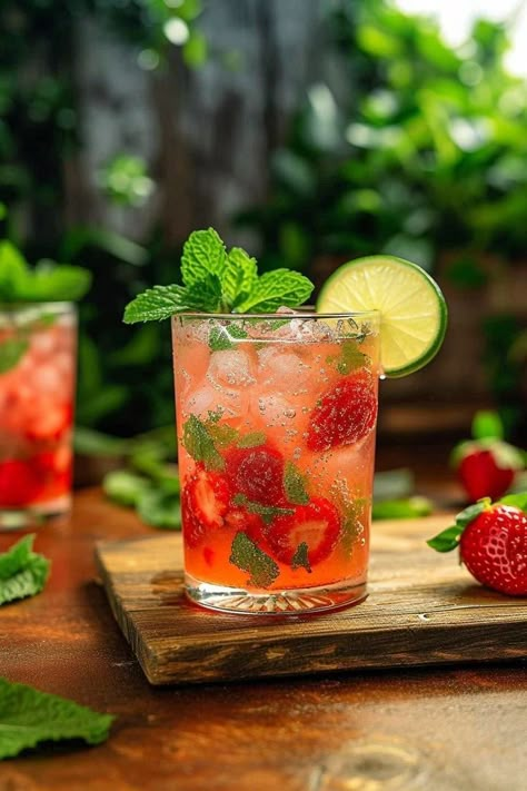 Strawberry Mint Drink, Mojitos Drinks, Mocktail Strawberry, Drink Reference, Strawberry Mocktail, Mojito Strawberry, Fresh Cocktails, Strawberry Cocktail, Mojito Drink