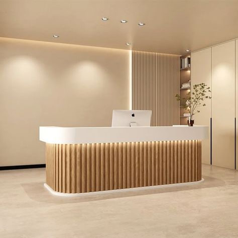 Brayden Studio® Camrynn 2 Person Rectangular Laminate Reception Desk with Filing Cabinet | Wayfair Studio Reception Desk, Spa Reception Design, Corner Reception Desk, Studio Reception, Laminate Reception Desk, Front Desk Design, Curved Reception Desk, Wood Reception Desk, Desk Brown