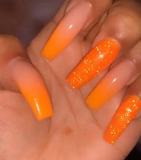 Orange Acrylic Nails Prom, Neon Orange Prom Nails, Bling Prom Nails, Orange Glitter Nails Acrylic, Sparkle Orange Nails, Dark Orange Glitter Nails, Nails Orange, Orange Ombre, Ombre Acrylic Nails