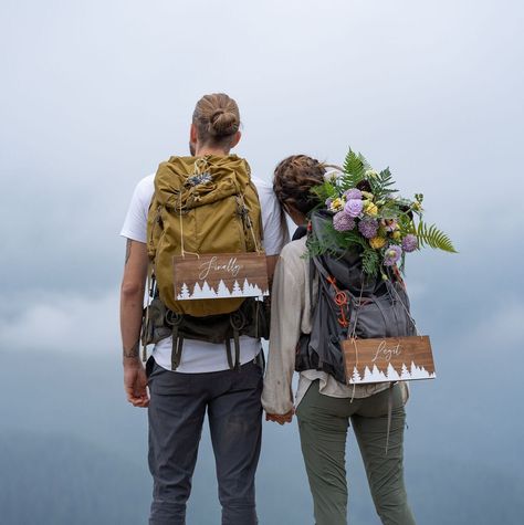 National Park Wedding Theme, Mountain Themed Wedding, Mountain Theme Wedding, Just Married Sign, Hiking Photos, Loving Couples, Hiking Elopement, Wedding Wall, Let's Get Married