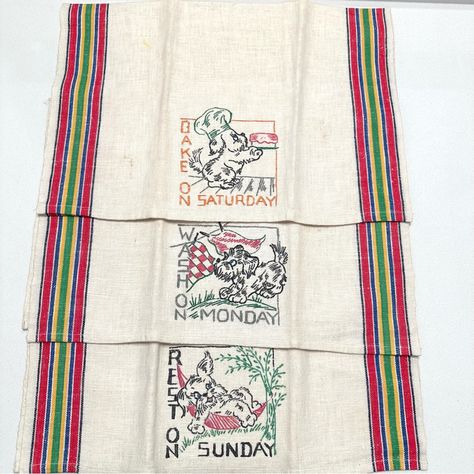 Vintage Printed Kithen Towels Saturday Sunday Monday Dogs Cutsie Retro Set Of 3 Vintage Kitchen Towels, Printed (Not Embroidered). Saturday, Sunday, Monday. Towels Appear Unused And Have Been Stored In A Trunk For Sometime. Good Vintage Condition. Each Towel Is About 16” X 21.5”. Fabric Appears To Be A Natural Cotton Or Linen. Non-Smoking Home, Quick Shipping! Halloween Tablecloth, Table Scarf, Beach Towel Blanket, Sunday Monday, Christmas Kitchen Towels, Holiday Kitchen, Linen Tea Towel, Kitchen Tops, Irish Linen