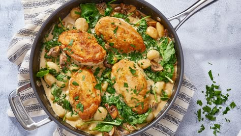 Chicken Gnocchi & Mushroom Skillet Mary Makes It Easy, Gnocchi Mushroom, Mushroom Skillet, Zesty Chicken, Mary Berg, Chicken Gnocchi, Skillet Dishes, Gnocchi Recipes, Skillet Meals