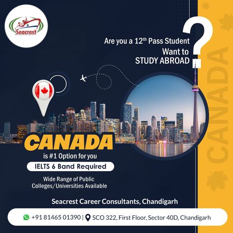 Take your higher education experience to a new level. APPLY FOR CANADA STUDY VISA WITH US! . . ✅To Get in touch with us Call us: + 91 8146501390 Email: operation.seacrest@gmail.com #studycanada #studyvisa #studentvisa #overseaseducation #studyoverseas #visa #studdent #internationalstudents #highereducation #toronto #studyabroad #seacreststudyabroad #seacrestcareerconsultants #chandigarh #mohali Study Visa Poster, Visa Poster Design, Canada Study Visa, Azerbaijan Travel, Canada Study, Gradient Color Design, Study In Canada, Career Consultant, Media Poster