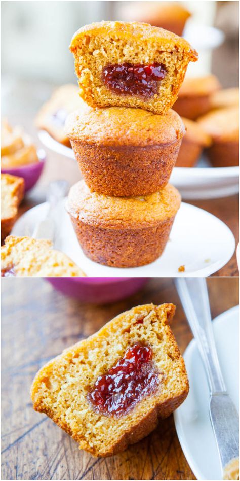 Peanut Butter And Jelly Muffins, Jelly Muffins, Pb J Sandwiches, Averie Cooks, Filled Muffins, Peanut Butter And Jelly, Muffin Recipes, Baked Goods, Brownies