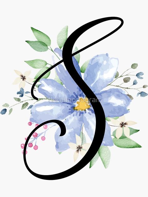 "Monogram S Beautiful Watercolor Blue Flower" Sticker by floralmonogram | Redbubble Blue Flower Sticker, Calligraphy Flowers, Initial Door Hanger, Floral Monogram Letter, Grandmother Quotes, Fabric Painting Techniques, Watercolor Blue, S Monogram, Floral Monogram