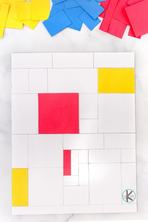 glue red, yellow, and blue squares and rectangles in some of the spaces. Piet Mondrian Art Projects For Preschool, Mondrian Art Lesson Elementary, Mondrian Art Projects, Piet Mondrian Art, Mondrian Kids, Mondrian Kids Art, Piet Mondrian Painting, Abstract Art For Kids, Unique Abstract Art