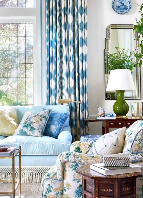 Living room, Blue, Curtain, Room, Furniture, Interior design, Green, Home, Property, Aqua, Blue And White Living Room, Grand Millennial Style, Mark D Sikes, White Living, White Living Room, Pictures Ideas, Formal Living, Upholstered Furniture, Design Decor