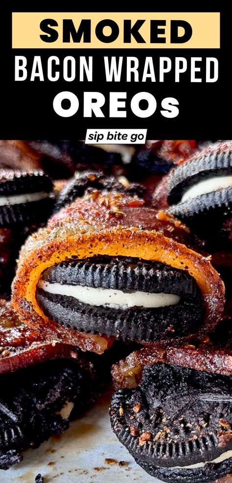 Traeger smoked dessert idea: Sweet Oreo cookies wrapped in crispy pork bacon, smoked with a little bbq rub and bbq sauce on the pellet grill. It’s perfect for a BBQ party! I’ll show you how to make this recipe with only 4 ingredients. Unusual, yet surprisingly delicious. | sipbitego.com Bacon Wrapped Oreos, Smoked Dessert, Pit Boss Pellet Grill Recipes, Easy Smoker Recipes, Pizza Pasta Recipe, Pellet Smoker Recipes, Smoked Recipes, Grilled Desserts, Pork Bacon