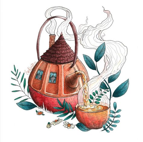 Here's a cute teapot and a cup which I made using watercolours and ink on fine art watercolour paper 😊 I'm Sabrina and I'm a professional illustrator from Austria 😊 check out my website for more info ❤️ #illustration #cute #winter #drawing #watercolor #inkdrawing #inkillustration #tea #cutedrawing #zeichnung #aquarellfarben #watercolourpainting #watercolorart Teabag Art Drawing, Tea Cup Art Drawing, Tea Art Drawing, Tea Illustration Design, Tea Art Illustration, Tea Illustration Art, Tea Pot Drawing, Cup Of Tea Illustration, Tea Cup Illustration