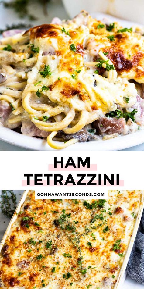 *NEW* My ham tetrazzini is a creamy, comfort food casserole that your family will love! It's great to make with leftover ham from the holidays or Sunday supper! #tetrazzini #hamcasserole Smoked Ham Leftover Recipes, Ham Tetrazzini, Ham Dinners, Ham Tetrazzini Recipe, Leftover Ham Casserole, Ham And Noodle Casserole, Ham Casserole Recipes, Southern Comfort Recipes, Comfort Pasta