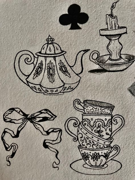 Teacup And Saucer Drawing, Alice In Wonderland Tea Cups Drawing, Vintage Object Tattoo, Simple Teacup Drawing, American Traditional Teapot Tattoo, Yea Cup Drawings, Teapot And Cup Tattoo, Teapot Drawing Simple, Teacup Drawing Simple