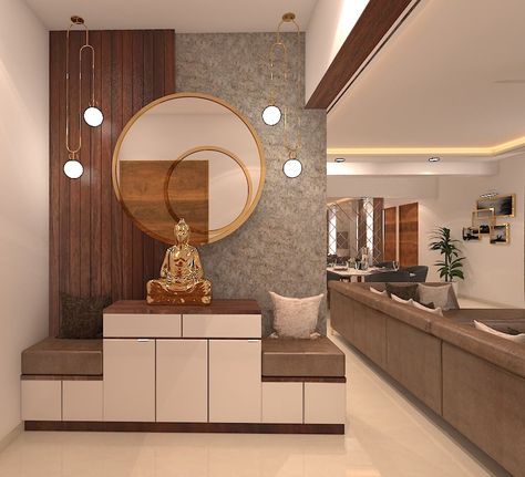 Luxury Utility Room Ideas, Lobby Entrance Design Home, Small Foyer Design Modern Entrance, Study And Dressing Table Combined, Foir Area Ideas, Buddha Decor Entryway, Entrance Foyer Wall Design, Main Entrance Decor Ideas, Foyer Unit