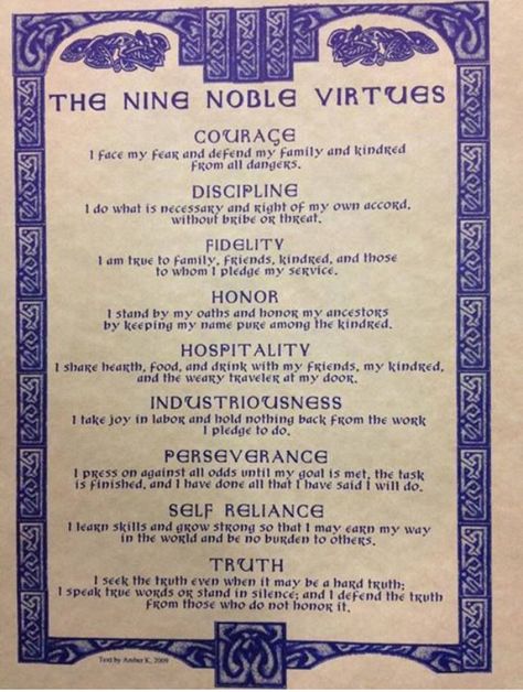 Virtues to nurture 9 Noble Virtues, Nine Noble Virtues, Noble Virtues, Wicca Witchcraft, Book Of Shadows, Runes, Tarot Cards, Wise Words, Words Of Wisdom