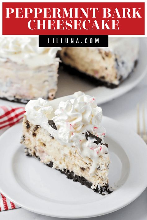 Oreo crust Peppermint Bark Cheesecake is packed with both white and milk chocolate and loaded with peppermint flavor!! #peppermintbarkcheesecake #peppermintbark #cheesecake #cheesecakerecipe #holidaytreats Peppermint Bark Cheesecake, Peppermint Cheesecake, Homemade Cheesecake, Oreo Crust, Peppermint Bark, Delicious Pies, Christmas Cooking, Chocolate Peppermint, Cheesecake Recipes