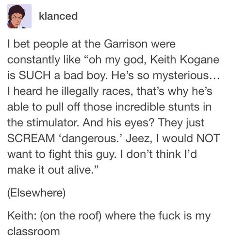 LMAO EVERYONE WRITES KEITH OFF AS A BAD BOY BUT HES ACTUALLY AN ADORABLE NERD I CANNOT Voltron Funny, Klance Comics, Keith Kogane, Voltron Comics, Form Voltron, Voltron Ships, Voltron Fanart, Voltron Klance, Voltron Legendary Defender