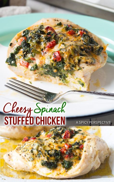 Cheesy Spinach Stuffed Chicken Breasts - A simple tantalizing baked stuffed chicken recipe with roasted red peppers, spinach, and fontina cheese! #ASpicyPerspective via @spicyperspectiv Spinach Stuffed Chicken Breast Recipes, Baked Stuffed Chicken, Stuffed Chicken Recipe, Recipes Spaghetti, Stuffed Chicken Breast Spinach, Cheese Stuffed Chicken Breast, Stuffed Chicken Breasts, Recipes Shrimp, Cheesy Spinach