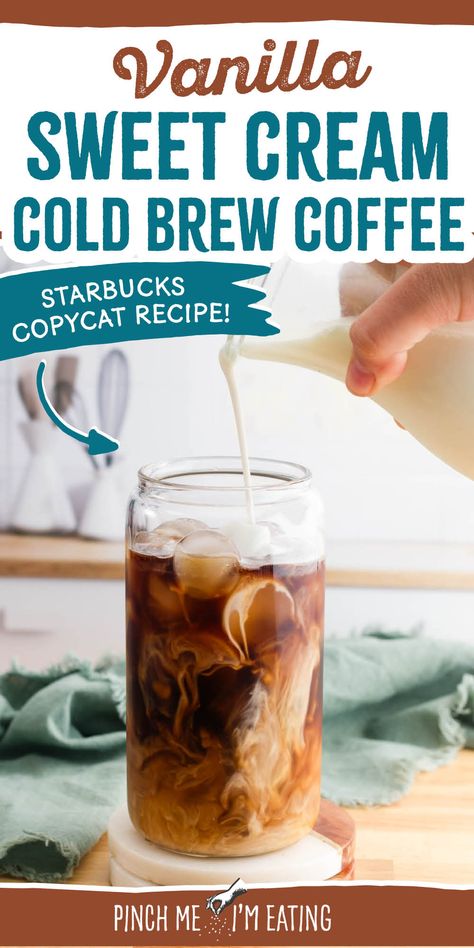 Make your own Starbucks vanilla sweet cream cold brew at home with this easy recipe! A great DIY iced coffee drink you can make with torani syrup or homemade vanilla syrup and just a few other ingredients! | coffee shop drinks Homemade Vanilla Creamer, Starbucks Vanilla Sweet Cream, Homemade Vanilla Syrup, Vanilla Sweet Cream Cold Brew, Torani Syrup Recipes, Diy Iced Coffee, Sweet Cream Cold Brew, Copycat Drink Recipes, Vanilla Sweet Cream