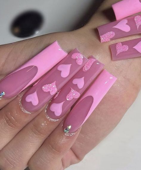 Ongles Gel French, Vday Nails, Valentines Day Nails, Cute Acrylic Nail Designs, Dope Nail Designs, Long Square Acrylic Nails, Acrylic Nails Coffin Short, Pink Nail, Pink Acrylic Nails