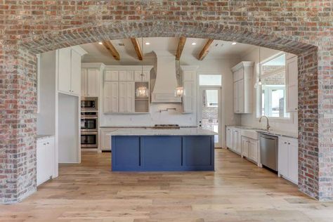 Stone Archway In Kitchen, Brick And Beam Opening, Brick Interior Archway, Brick Arch Kitchen, Brick Archway In Kitchen, Round Architecture, House Binder, Arch Opening, Archways In Homes