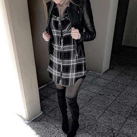 Flannel Dress and Over the Knee Boots for Fall Black Leggings And Flannel Outfit, Dress Up A Flannel Shirt, Flannel Dress Outfit, Leggings And Flannel Outfit, How To Style A Flannel Shirt, Dress With Flannel, Dress With Over The Knee Boots, Flannel Shirt Dress, Long Jean Skirt