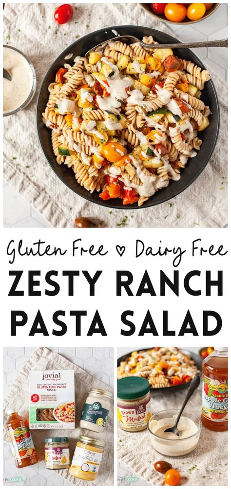 Our Gluten Free Zesty Ranch Pasta Salad is allergy friendly and makes a fantastic side dish or main dish. Bring this salad to your potlucks and BBQs, it's so creamy and flavorful, no one will know it's gluten free! #sponsored by @iherb | thefitcookie.com #glutenfree #dairyfree #salad #pastasalad #sponsored Gluten Free Pasta Salad Recipes, Gluten Free Pasta Salad, Zesty Ranch, Dairy Free Pasta, Cold Pasta Salad Recipes, Allergen Free Recipes, Ranch Pasta Salad, Gluten Free Salads, Ranch Pasta