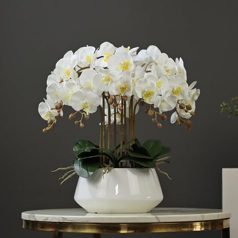 Plant For Office, White Orchid Centerpiece, Flowers With Vase, Orchid Centerpieces, Artificial Orchids, Orchid Pot, Orchid Flowers, Office Plants, White Vase