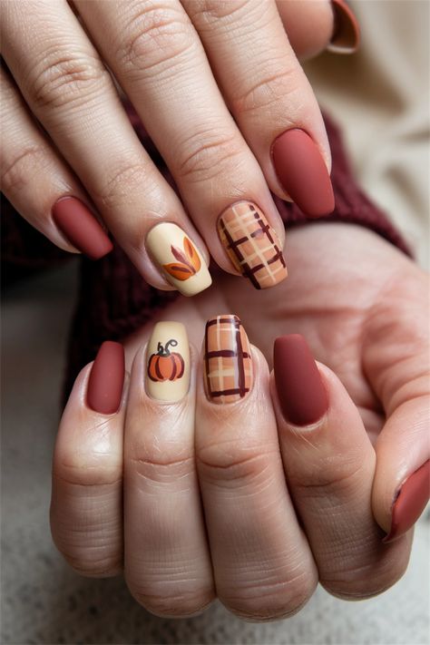 Get ready to welcome the vibrant spirit of fall with these cozy autumn short nails! This stunning design features warm shades of burnt orange and deep burgundy, reminiscent of falling leaves. An accent nail adorned with delicate gold glitter adds a festive touch, perfect for any autumn gathering. Discover how these chic fall nail ideas can elevate your seasonal style and bring out the beauty of the season! #FallNailIdeas #AutumnNails #NailArt Fall Nails Christmas, Fall Winter Nails Short, Nails Ideas Thanksgiving, Nail Art For November, Fall Leaves Nails Design, Fall Square Nails Ideas, Fall Nail Designs November, Fall Nail Designs Leaves, Thanksgiving Nail Art Short Nails