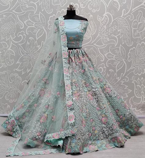 Designer Sky Blue Net Lehenga Choli With Net Material and Net - Etsy Off Shoulder Lehenga, Raspberry Blush, Net Lehenga Choli, Dori Work, Mirror Work Lehenga, Mirror Work Blouse, Indian Lehenga Choli, Bridal Women, Blue Lehenga