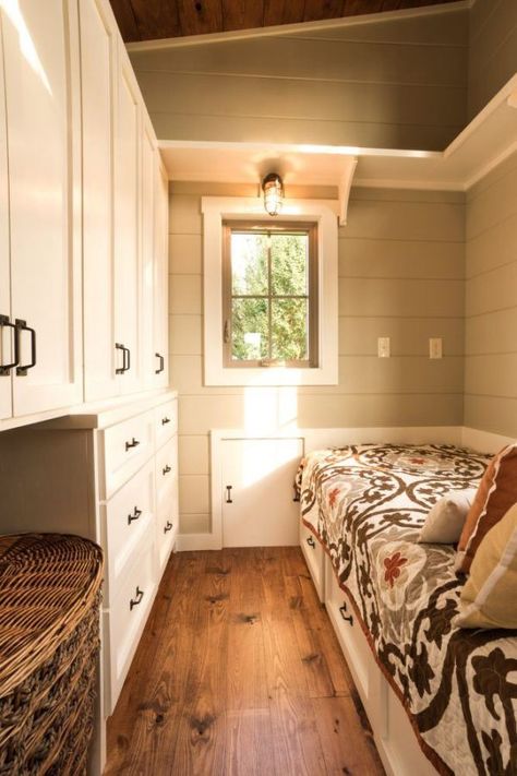 when you walk in from the outside through the front door, cabinets along the entire back wack wall Timbercraft Tiny Homes, Tiny House Bedroom, Tiny House Builders, Shed To Tiny House, Tiny House Loft, Tiny House Inspiration, House Shed, Deco Originale, Shed Homes