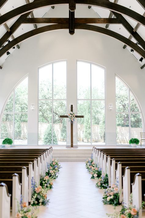 North Texas couple, Meredith + Cameron celebrated their traditonal light blue and blush wedding at The Bowden Venue, with a gorgeous chapel and large balloom for a large guest count. Chapel Ceremony Decor, Chapel Ceremony, Light Blue Wedding Ceremony, Wedding Venue Church, White Chapel Wedding, Wedding Chapel Decor, Small Chapel Wedding Aesthetic, Chapel Wedding Decorations, Pretty Place Chapel Wedding