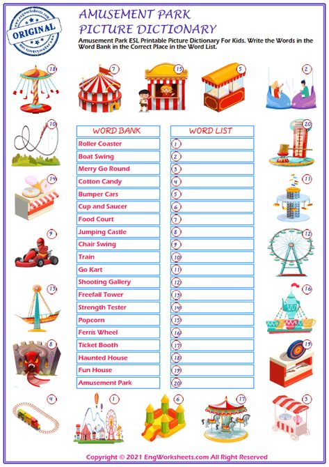 Amusement Park Printable English ESL Vocabulary Worksheets - EngWorksheets Amusement Park Worksheet, Carnival Activities, Activities List, Park Activities, Dictionary For Kids, Teaching Esl, Esl Vocabulary, Picture Dictionary, English Worksheets For Kids